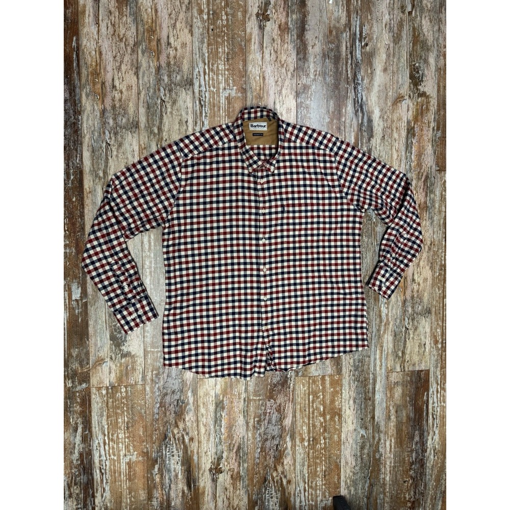 Mens Barbour Flannel Button Up Shirt Size XL Red White Blue Tailored Fit